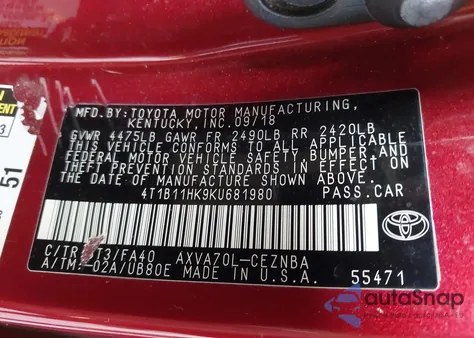 2019 Toyota Camry Le from USA, damaged, VIN 4T1B11HK9KU681980